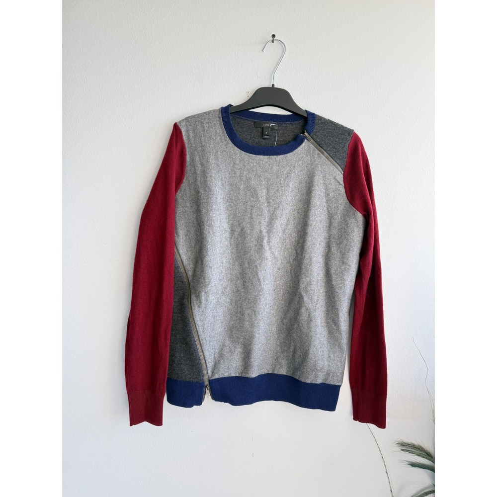 J.Crew Womens Colorblock Merino Wool Blend Asymmetrical Zip Sweater Grey Red S